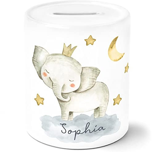 SpecialMe® Kinder Spardose mit NamenTier-Motive Nashorn Löwe Elefant Watercolor Sparschwein Keramik Elefant weiß Unisize