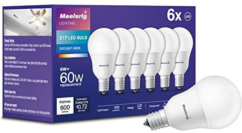 Maelsrlg E17 Intermediate Base LED Bulb, 6W (60 Watt Equivalent) G14 Globe Ceiling Fan Light Bulbs, Daylight White 5000K, 600 Lumens, Non-Dimmable, Pack of 6