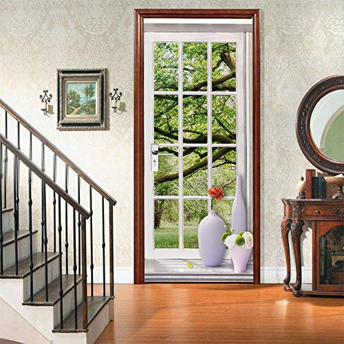 ADYNL Sticker Porte 3D Trompe L'Oeil Rebord De Fenêtre Plantes Vertes Paysage Autocollant Poster De Porte Auto-Adhésif Vinyle Affiche De Porte Sticker Mural Chambre Salle De Bain Papier Peint Art Déco