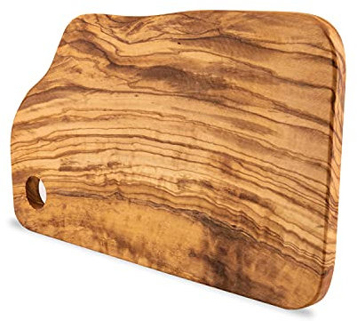 Schneidebrett 30x 20 cm aus Olivenholz - auch als Servierplatte geeignet - mit glattem Rand und Lochung zum Aufhängen - Griechenland (Rustikales Schneidebrett)