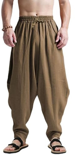 AITFINEISM, Pantaloni harem da uomo, comodi, con vita elasticizzata, alla moda, in tinta unita, casual, stile hippie, per yoga, Oliva, 31-35