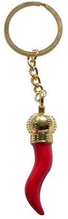 Schlüsselanhänger, goldfarben, roter Chili, Horn, italienisches Symbol, Glücksbringer., 10 x 3 cm, Edelstahl