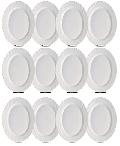 JUANIO Paquete de 12 Platos Ovalados, Plato de servicio color Blanco de vidrio - Longitud 36 x Profundidad 34 x Altura 2 cm