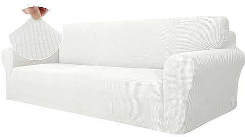 Ystyle Stretch Sofa überzug 4 Sitzer, Elastisch Sofabezug Mit Armlehnen, Jacquard Couch überzug rutschfest, Waschbar Sofa Cover Protector Für Hunde Haustiere, Weiß