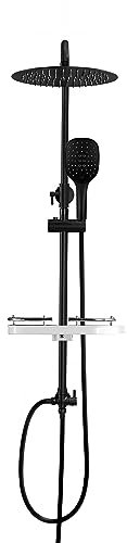 Görbach Colonna Doccia idromassaggio Colonna Doccia Nero in INOX 304 Doccia Soffione Colonna Senza Miscelatore Set Doccia a Pioggia con Doccetta e Mensola,Soffione (D20cm)