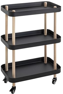HAKU Massivholz Beistelltisch auf Rollen Natur Unterbau schwarzes Metall rollbarer Sofatisch Couchtisch -Maße: B 50 x H 76 x T 30 cm Style: Modern
