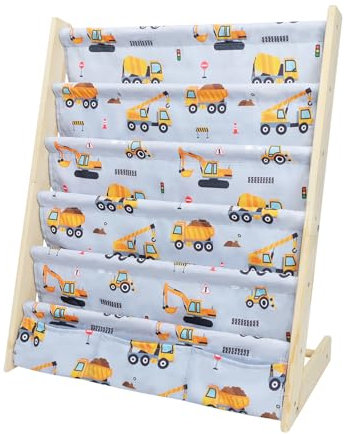 wooshwa Bibliothèque pour Enfants, Rangement sur 5 Niveaux, Etagere Livre et Meuble pour Chambre de Bebe, Etagère en Bois avec 3 Poches(Camion de Construction)