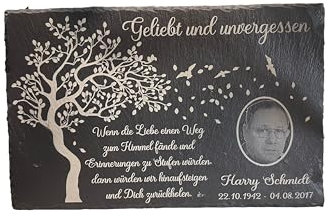 Schiefer Grabplatte mit Gravur - Grabstein wetterfest imprägniert für Urnengrab - Gedenktafel mit Foto & riesen Motiv Auswahl Mensch - Grabdeko Gedenkstein Grab - Größe: 30x20 cm - Beerdigung Geschenk