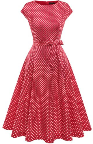DRESSTELLS Cocktailkleid Damen Elegant 1950er Knielang Rockabilly Hochzeitkleid Vintage A-Line Swing Festlich Midilang Sommer Kleid Abendkleid Kurz Red Small White Dot L