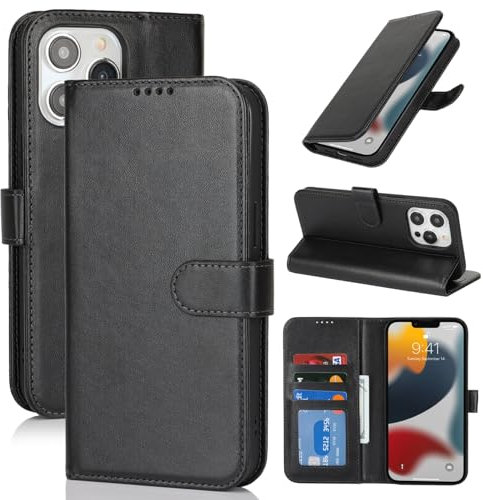 Zouzt Case for iPhone 13 Pro (6.1 Inch), Premium PU Leather Wallet Case with Credit Card Holder Slot Flip Folio Kickstand Shockproof Protective Phone Cover (Black)