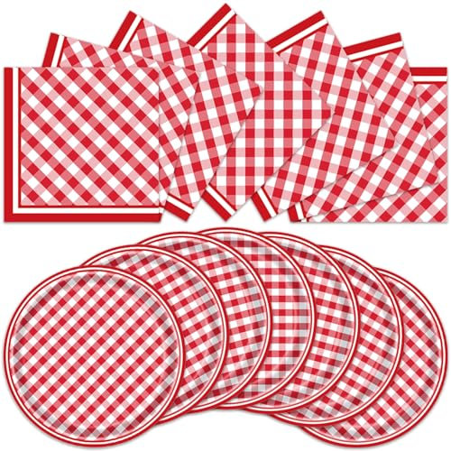 ACIYHN 40 PCS Picnic Party Plates Red and White Gingham Checkered Plaid Party Tableware Barbecue Disposable Paper Plates Napkins Birthday Party Decorations Supplies Favors
