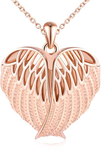 MicLee Collier Photo Médaillon Cœur en Argent 925 Femme Fille Pendentif Locket de Plume - Ailes d'ange Breloque Ouvrable Or Rose Collier Amulette Mémorial Bijoux Elégant