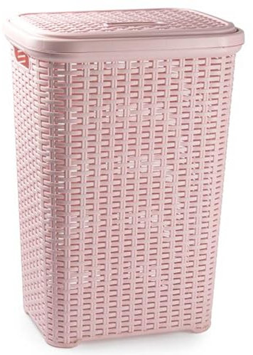 Panier à linge Acan, imitation osier, rose pâle, 60 litres, 61,5 x 42,5 x 34 cm, avec couvercle et poignées latérales