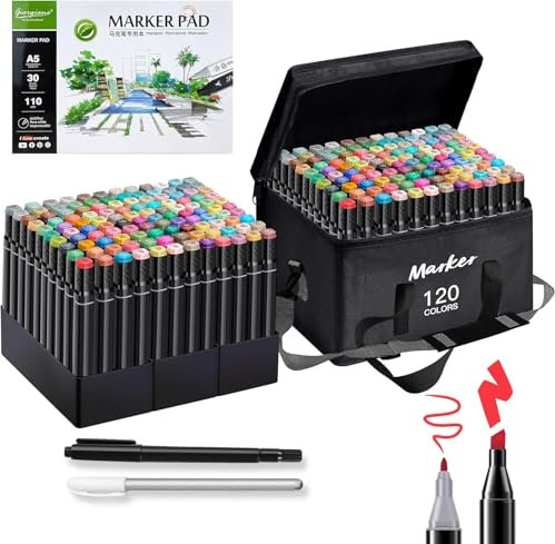 hangfan Alcohol Based Ink Art Markers, 120 Colors Broad&Fine Dual Tip Permanent Markers Pen Set for Professional Student Child Coloring Illustrations Sketch Drawing Painting Card Making (Black)
