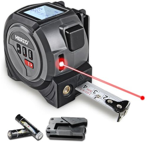 HERZO 2-in-1 Laser Entfernungsmesser Digitales Maßband mit Laser, Distanzmessgerät mit LCD Hintergrundbeleuchtung M/In/Ft,Reichweite bis 40 m& 5m Maßband, Pythagoras/Abstand/Fläche/Volumen Messung