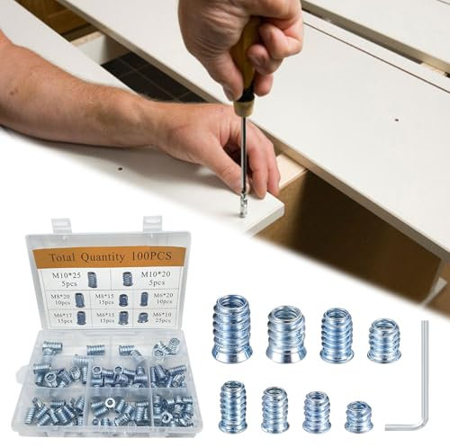 Insert Fileté Bois,100pcs Insert Fileté,Manchons à Visser,M6 M8 M10 Écrous Filetés,Ecrous Hexagonaux Filetés,Écrous à Visser Acier Galvanisé,Insert Fileté Filetage Femelle,Pour Kit Meubles Bois