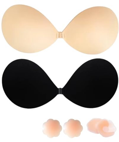 Klebe BH Push-Up, BH-Rückenfrei Trägerloser, Klebe Große Brust Push-Up, Trägerloser Sticky Bra, Ohne Träger Unsichtbarer, Invisible Bra 2Stück mit 4Pcs Nippelpads-C