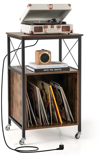 COSTWAY Schallplatten Aufbewahrung Ständer, Schallplattenständer mit integrierter Ladestation, Beistelltisch Holz, Plattenspieler-Stand für Vinyl, Brown Records Regal für Wohnzimmer Schlafzimmer