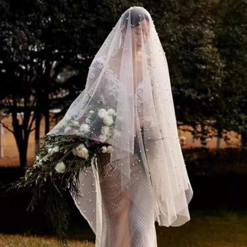 Wambere 150cm x 150cm Brautschleier Brautperlenschleier Lang Perlenschleier Braut Weicher Tüll Schleier Hochzeitsschleier Haarschmuck Kopfschmuck für Hochzeit Party Junggesellinnenabschied,Champagner
