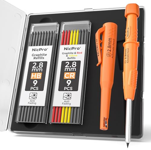 Nicpro CP3000 Zimmermannsbleistift mit Spitzer, 2,8 mm Druckbleistift mit 19 Minen, Tieflochmarker für den Bau, robuster Holzbearbeitungsbleistift, Tischlerwerkzeuge für Architektenmarkierungen