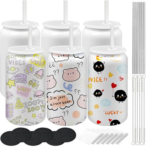 6 Pack Blank Sublimation Tumblers Bulk for Kid, 16oz Stainless Steel Can Shaped Tumbler with Lids and Straws, Double Wall Insulated Iced Coffee Cups with Coasters for Juice Soda Water Beer Drinks