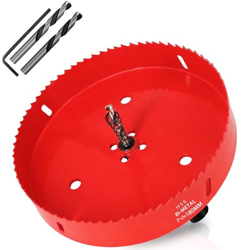 KACNON Sega a tazza da 180 mm, universale, in acciaio HSS M42, bimetallico, con codolo esagonale e trapano, dimensioni complete, per legno, plastica, cartongesso, lamiera, rosso