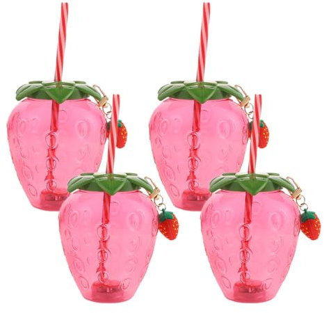 Verve Jelly Lot de 4 gobelets mignons en forme de fraise avec paille et pendentif en forme de fraise Bouteille d'eau en plastique réutilisable Pot de boisson froide pour piscine d'été Fournitures