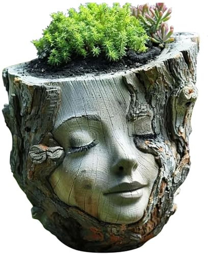 Sculptures en résine, pot de fleurs, souche d'arbre enchanteresse en résine, décoration de pot de jardin, statue pour intérieur/extérieur, 13 x 13 x 12,5 cm