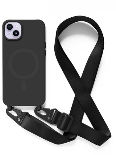2NSPDRGNI Carga Inalámbrica Funda con Cuerda Compatible con iPhone 14 Plus,Ajustable Colgante Collar Correa de Cuello Cadena Cordón Case,Negro