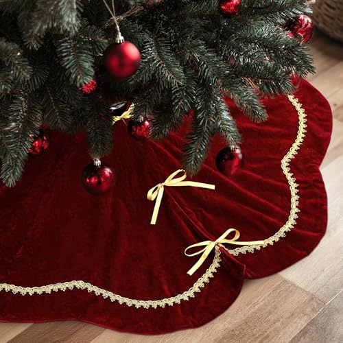 Arrowbash Weihnachtsbaum-Rock, 122 cm, roter Samt, Pelz, Jakobsmuschel-Baumrock, glitzernd, Goldfarbene Spitzenborte für Party, rustikale Weihnachtsdekoration, das ganze Jahr
