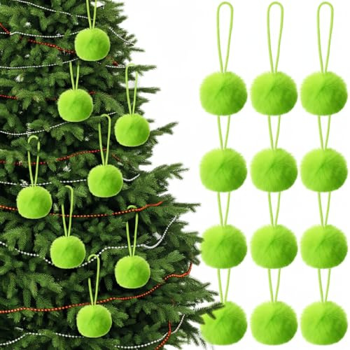 Geiserailie 12 Pcs Lime Green Furry Christmas Ball Baubles for Christmas Tree 2.3 Inch Furry Ball Ornaments Soft Pom Pom Hanging Decorations for Party Decor Supplies Xmas Wreath