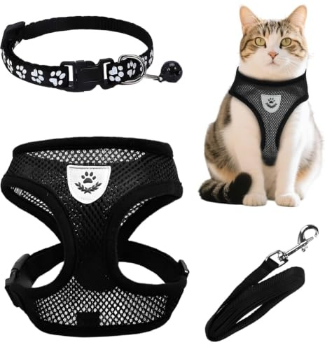 MOTIBACK Schwarz Katzengeschirr mit Leine Ausbruchsicher(S) | Adjustables Katzengeschirr mit Katzenleine für Spaziergänge, Weiches Atmungsaktiv Kitten-Geschirr mit Glöckchen