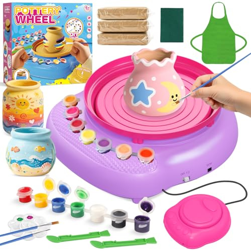 Weilim Pottery Wheel for Kids 6-12 Years Old, DIY Clay Kit, Tools & Gift | Complete beginner kit: 3 air-dry clay packs, 14 paints, tools, apron & USB-rechargeable wheel. Birthday gift for ages 6-12.