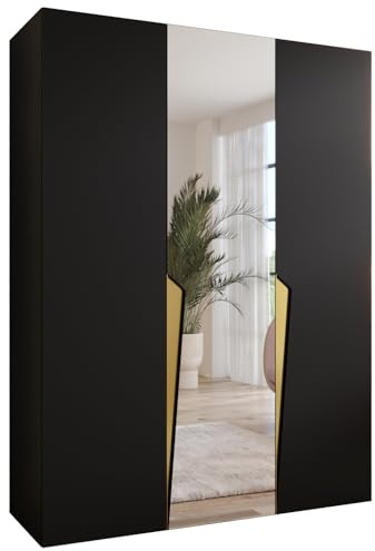 MEBLE KRYSPOL - Kleiderschrank - Garderobenschrank - 150 cm x 202 x 52 cm - Schrank mit Kleiderstange und Spiegel, 3 Türen - für Schlafzimmer, Flur - Piano, Schwarz, Griff Gold