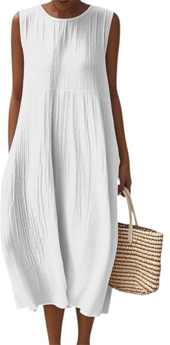 Musselin Kleid Damen Ohne Ärmel Leinenkleider Sommer Blumendruck Leinenkleider Sommerkleid Baumwoll Leinen Boho Midikleid mit Taschen