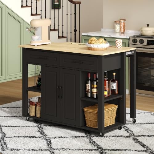Yrxin Isla de cocina móvil extensible con barra de bar y enchufes, con 2 cajones y 2 puertas de armario con estantes de puerta. Adecuado para cocinas, comedores, salones, etc. (negro, 120 x 77 x 93 cm