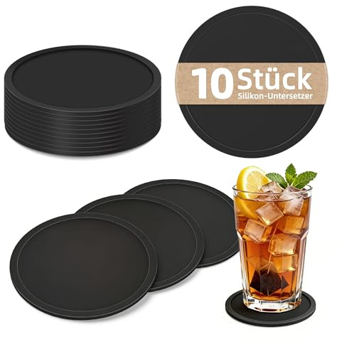 HELIMIAO Coasters Set of 10 Non-Stick Silicone Round Drink Coasters for Wooden Table Protection, Coffee Table, Decorative Home Accessories for Bar & Kitchen, Black