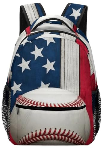 Rucksack Rustikale Baseball-Figur Mit Amerikanischer Flagge Aus Holz Schultaschen Causal Daypack Unisex Backpack Für Schule Work College