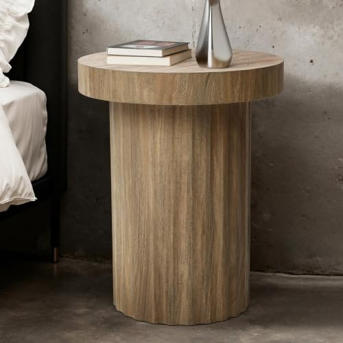 Hpmetopia Beistelltisch Holz, wohnzimmertisch rund, 50 cm Höhe | Nachttisch für kleine Räume, Moderner Stil Beistelltisch mit geriffelter Oberfläche und heller Eichenoptik, Ø40 cm X H50 cm,