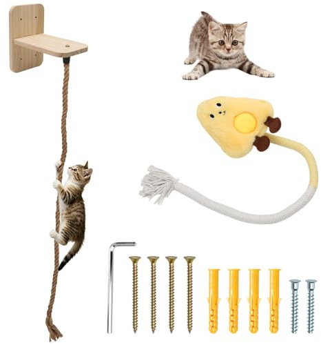 Cat Climbing Rope, 59 Inch Wall-Mounted Cats Climbing Rope, Cat Rope Ladder with Mounting Screws and Cheese Chew Rope for Indoor Outdoor Cats Paw Grinding, Jumping, Resting, Climbing