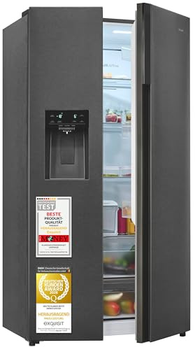 Exquisit Side-by-Side Kühlschrank 528 l – No Frost & Wasserspender | Mit Wassertank – Ohne Festwasseranschluss – Eiswürfel & Crushed Ice auf Knopfdruck – 37 dB leise – Energieklasse C