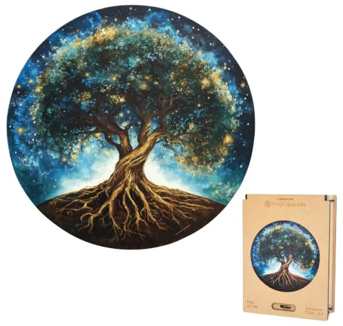 Puzzle in legno Lubiwood Albero della Vita dalla forma unica (26x26 cm) - 154 pezzi intricati, include una confezione regalo in legno coinvolgente