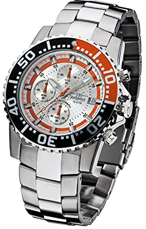 FIREFOX Zion FFS17-107 Silber/orange Herrenuhr Armbanduhr Chronograph massiv Edelstahl Sicherheitsfaltschließe 10 ATM Water Resistant