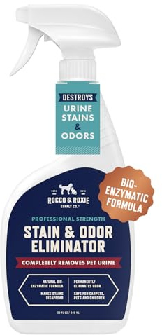 Rocco & Roxie Supply Co. Stain & Strong Odor Eliminator, Enzyme Cleaner, Pet Odor Eliminator for Home - Carpet Stain Remover for Cats & Dog Pee - Urine Destroyer - Carpet Cleaner Spray Clear, 32 Fl Oz