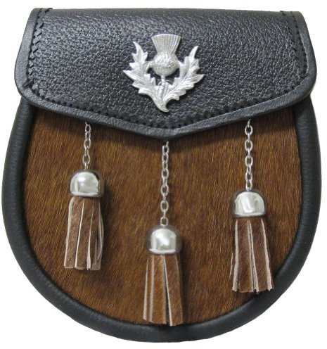 Tartanista - Herren Semi-Dress-Sporran für Kilts - Braunes Kuhfell, Distel-Emblem & Troddeln
