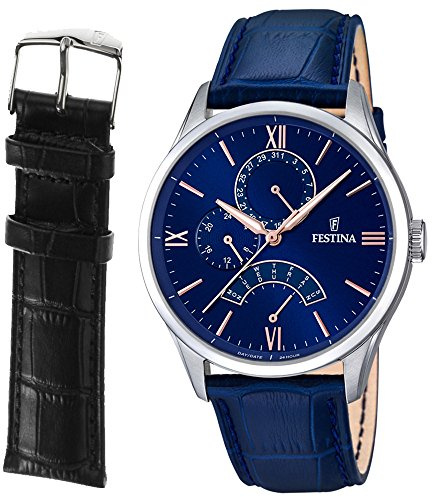 Festina Herrenuhr Analog-Quarz blau mit zusätzlichem Leder-Uhrenarmband schwarz USF16823/3