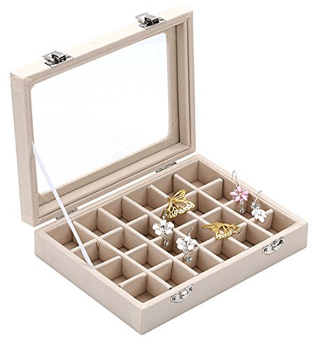 24 Section Velvet Glass Jewelry Ring Display Organizer Box Tray Holder Earrings Storage Case-Beige