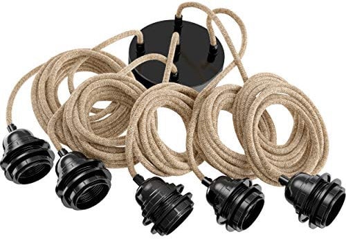 Hoopzi - Pendelleuchte 5 Flamming - 3,5m Textilkabel Seil und Schwarz - 5 X E27 Fassung - Vintage, Industrial Für Esstisch, Wohnzimmer, Esszimmer, Zimmer, Schlafzimmer, Küche