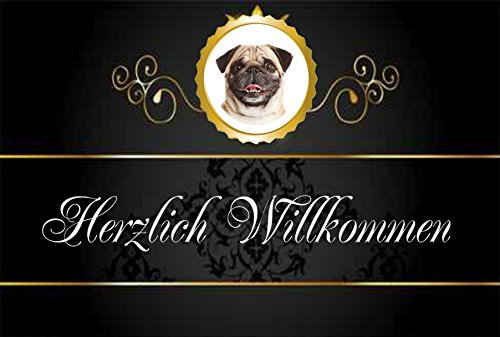 Crealuxe Fussmatte Herzlich Willkommen Mops - Fussmatte Bedruckt Türmatte Innenmatte Schmutzmatte lustige Motivfussmatte