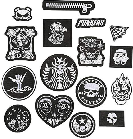 Daimay 16 PCS Patches aufbügeln Gestickte Applikationen Gestickte Patches in Schwarzweiss für Kleidung, Rucksack, Mützen, Jeans, Schuhe, Jacke, Handtasche etc